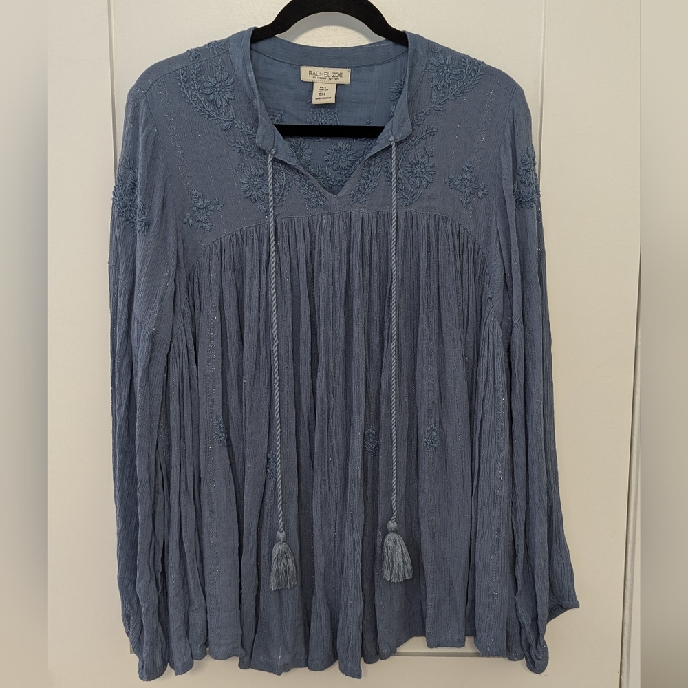 Rachel Zoe Blue Embroidered Metallic Peasant Top Small